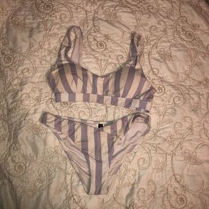 Purple and white striped bikini